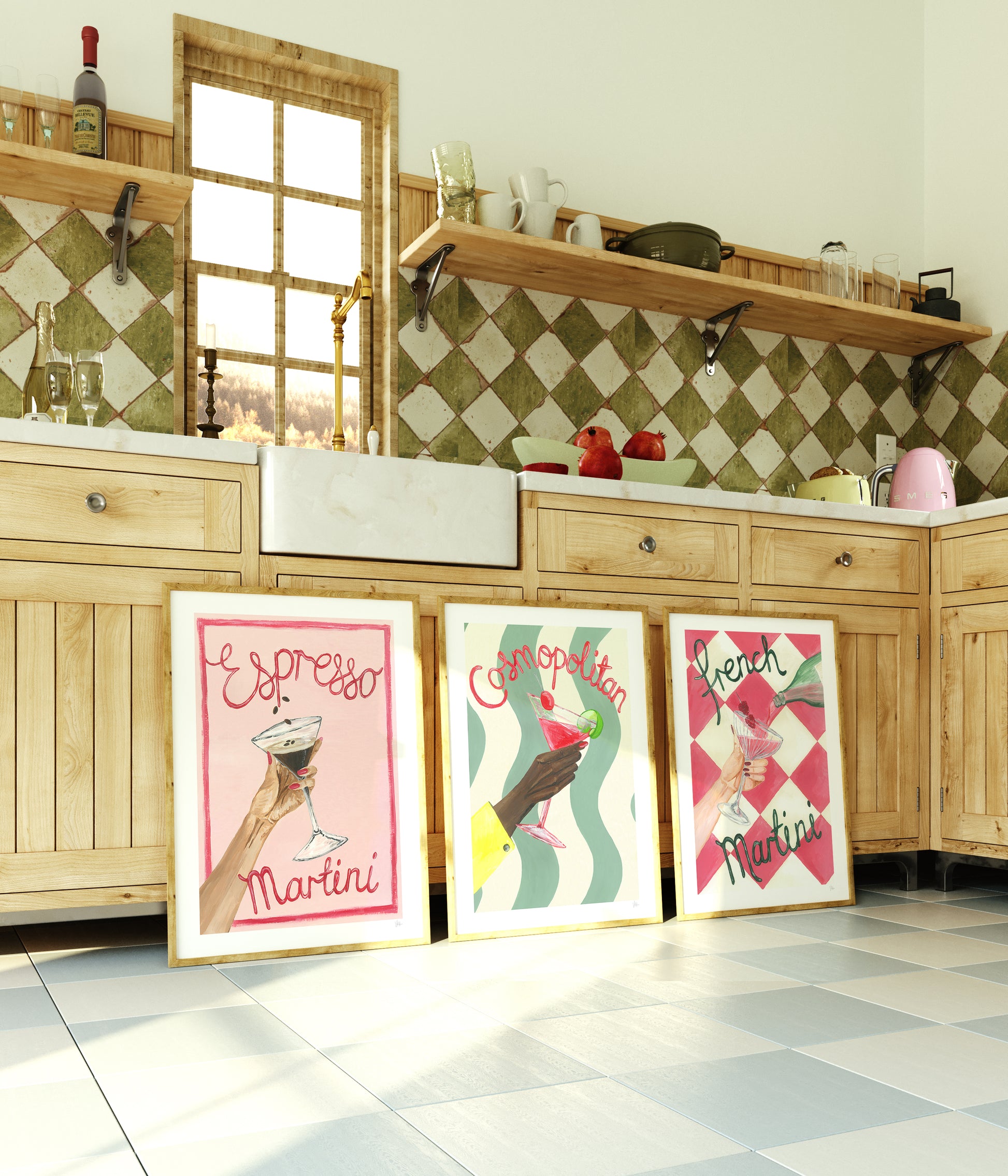 Kitchen with wooden cabinets, checkered floor, and decorative cocktail posters on the floor.