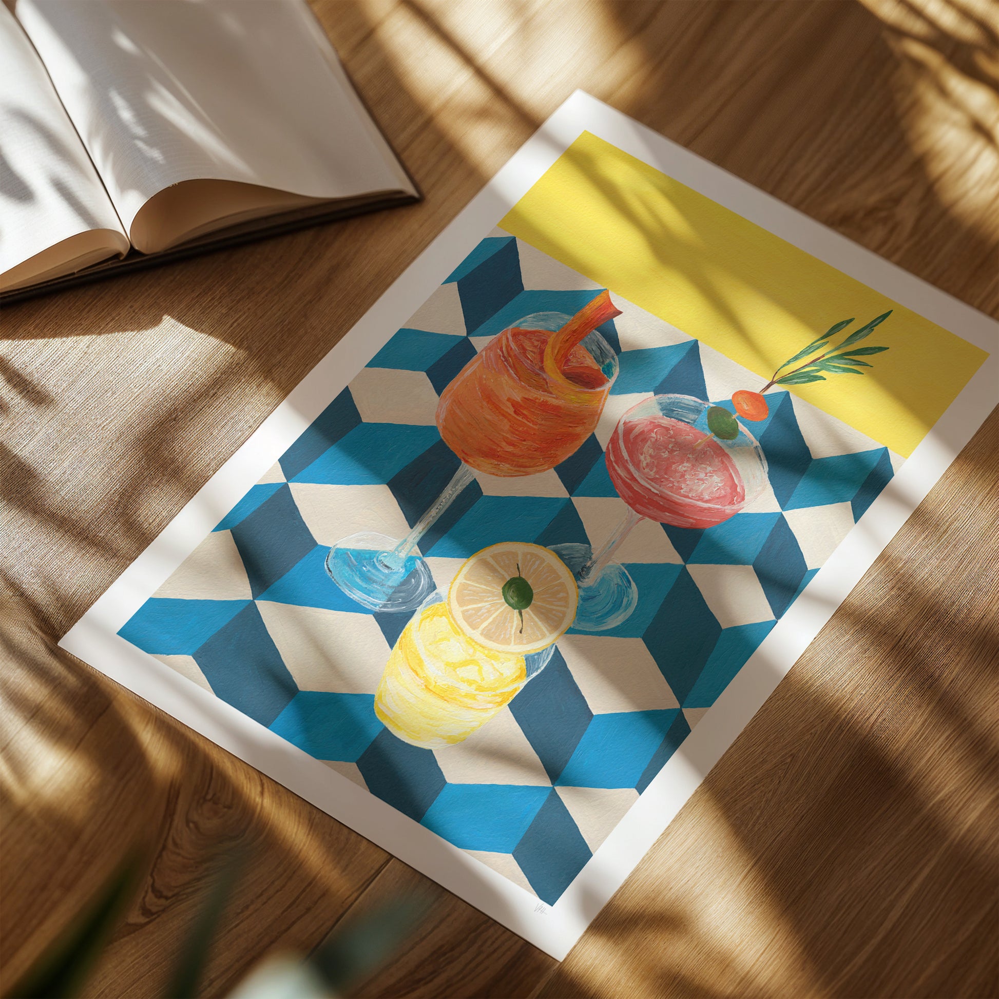 Colorful illustration of drinks on a geometric patterned paper on a wooden surface.