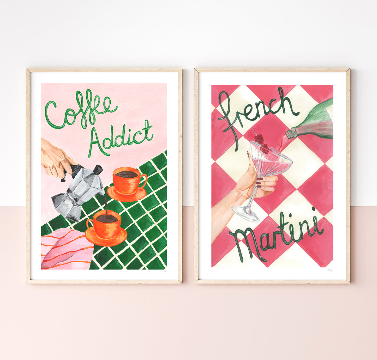 Two framed prints on a wall, one with 'Coffee Addict' and the other with 'French Martini'.