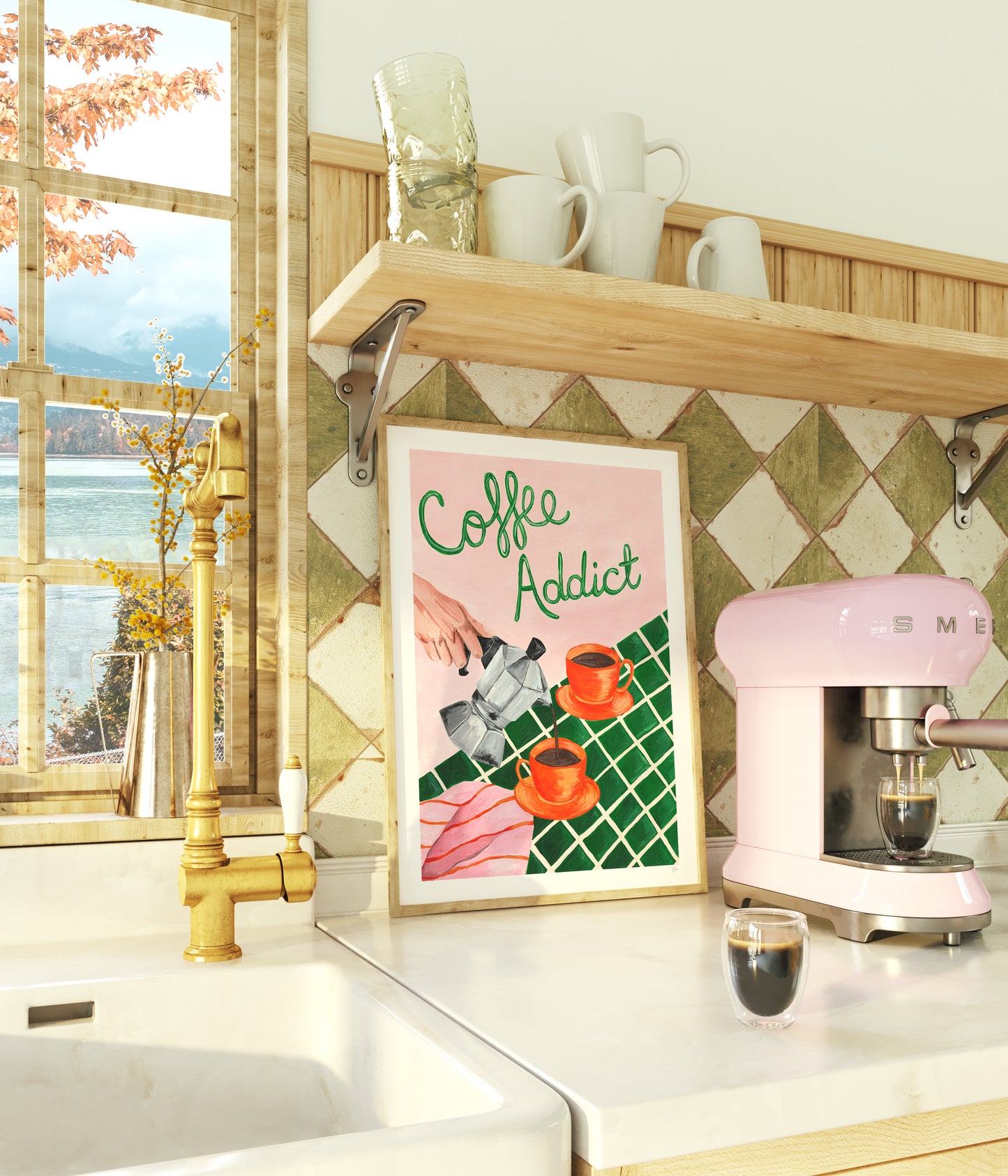 Kitchen counter with pink coffee machine, 'Coffee Addict' poster, and window view.