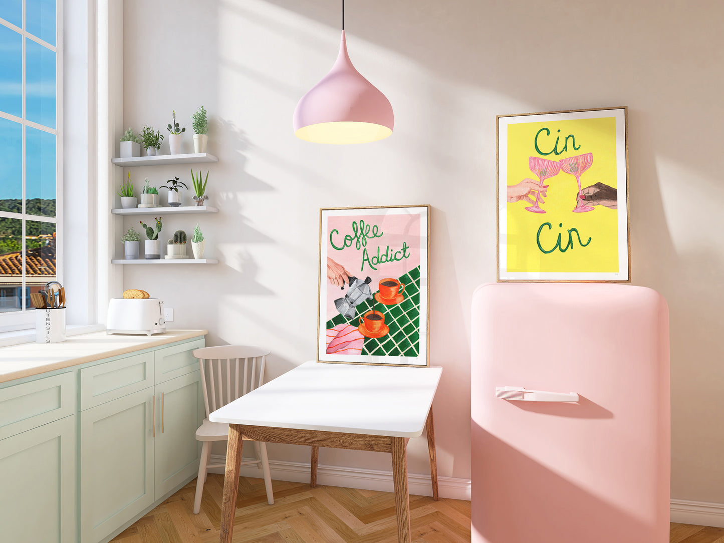 Modern kitchen with a dining table, chairs, and colourful kitchen wall art.