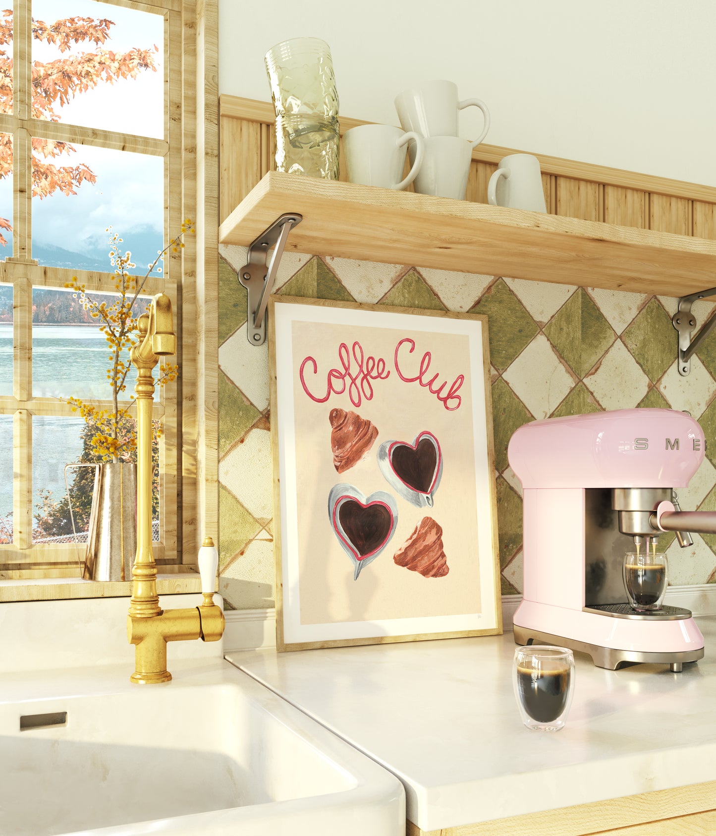 Kitchen counter with pink Smeg coffee machine, 'Coffee Club' sign, and window view.