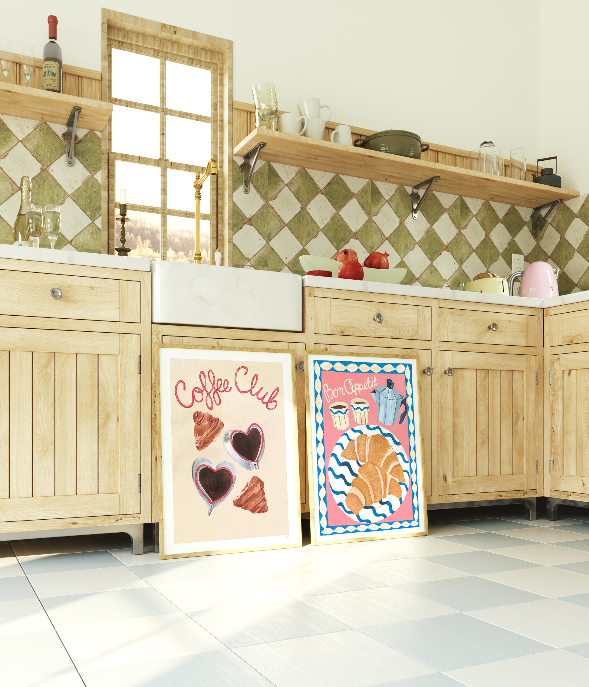 Kitchen interior with wooden cabinets, a window, and two framed posters on the wall.