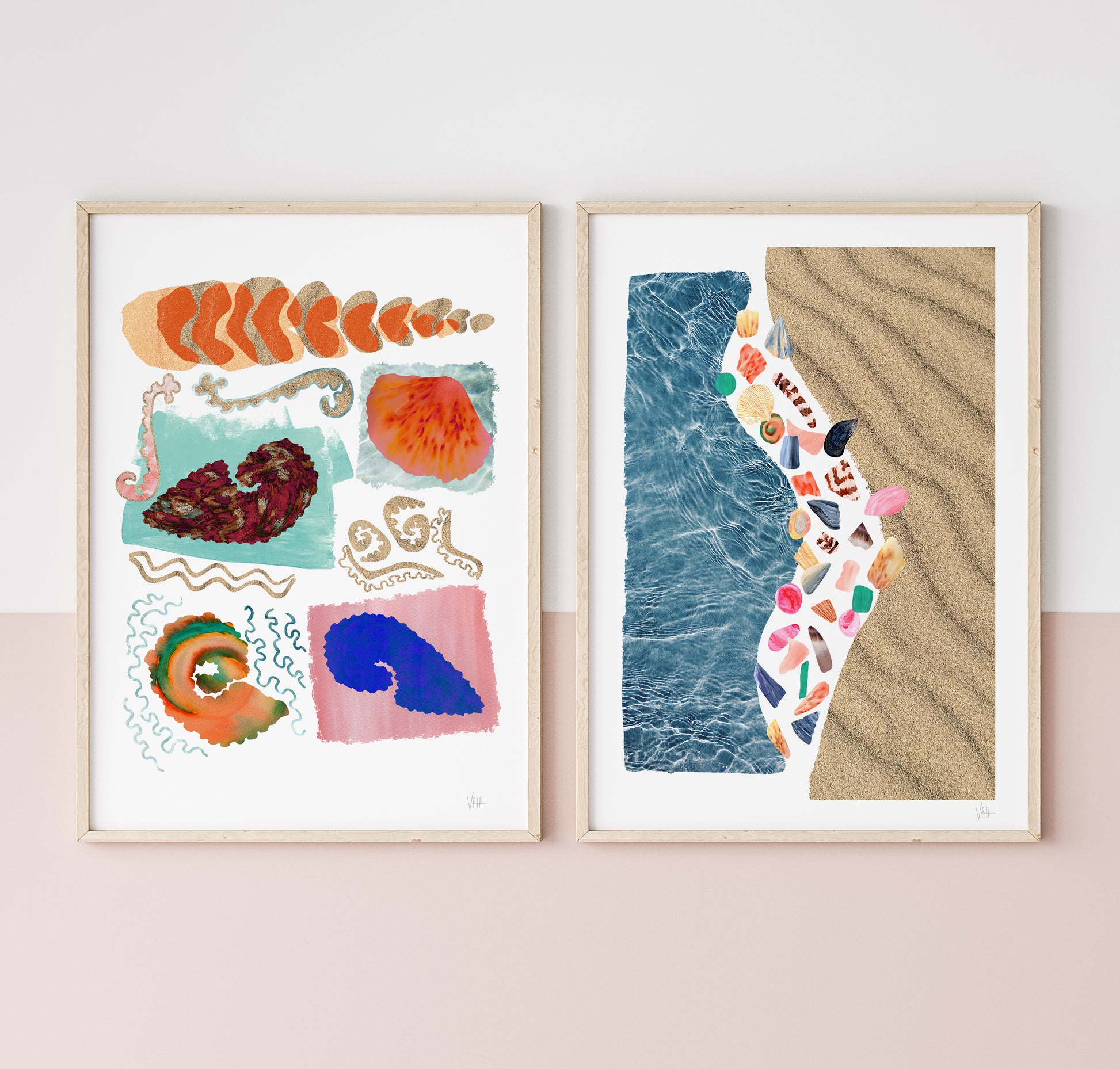 Two framed artworks on a wall, one with ocean-themed elements and the other with beach-themed elements.