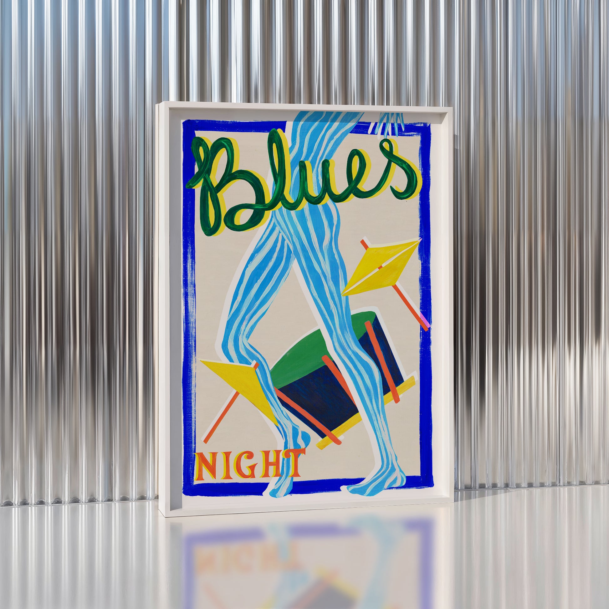 Framed artwork with 'Blues Night' text and abstract design on a metallic background