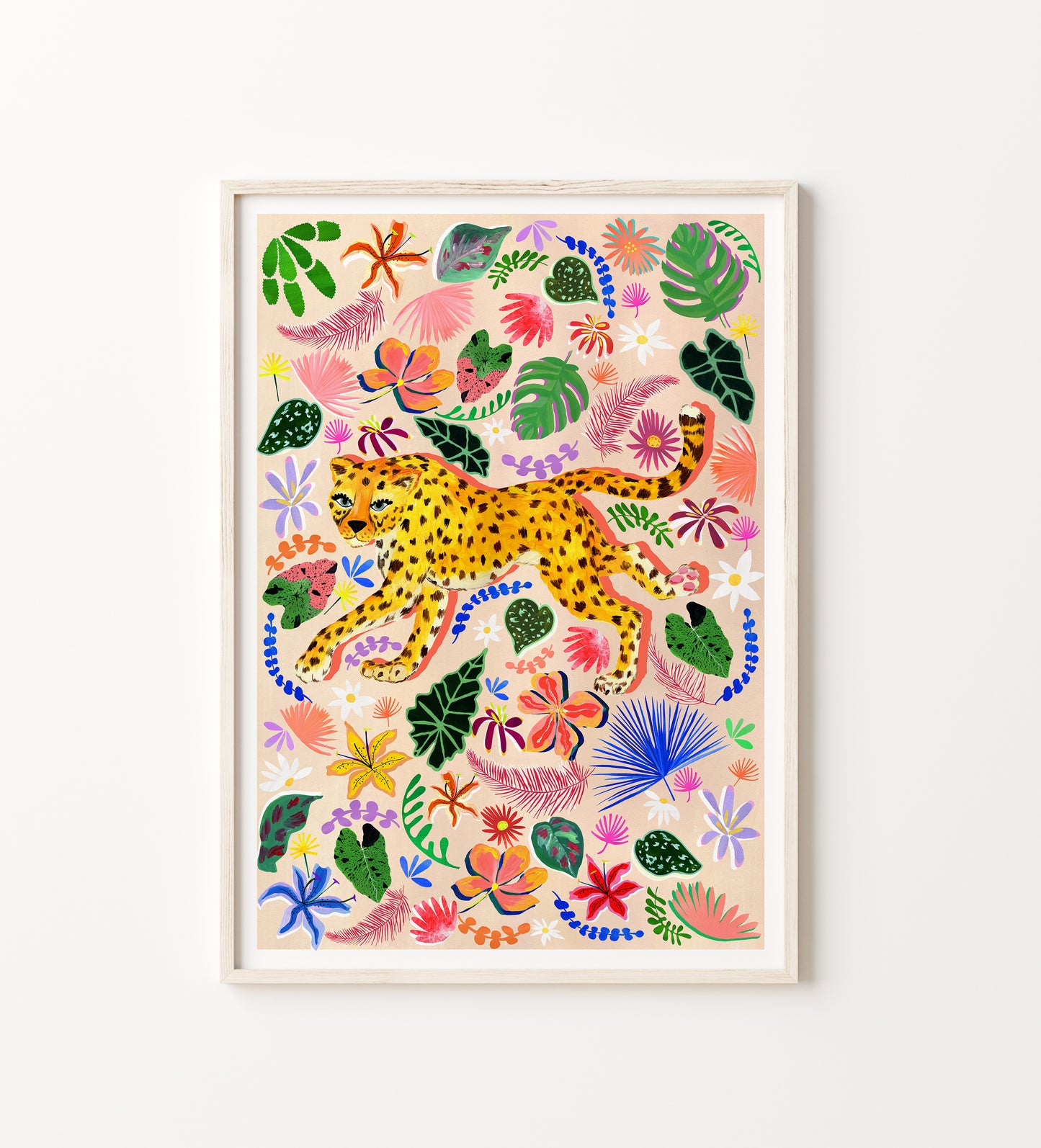 Framed artwork with a colorful leopard and floral design on a white background