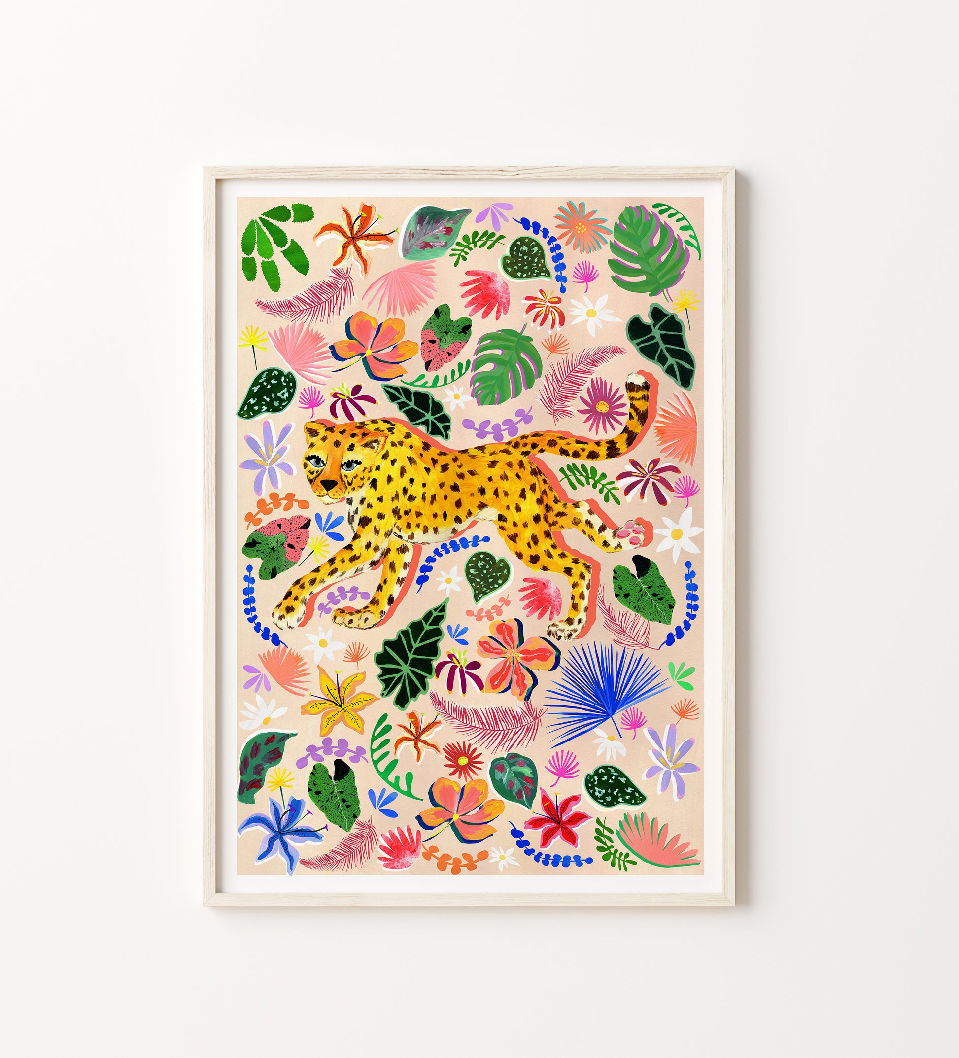 Framed artwork with a colorful leopard and floral design on a white background