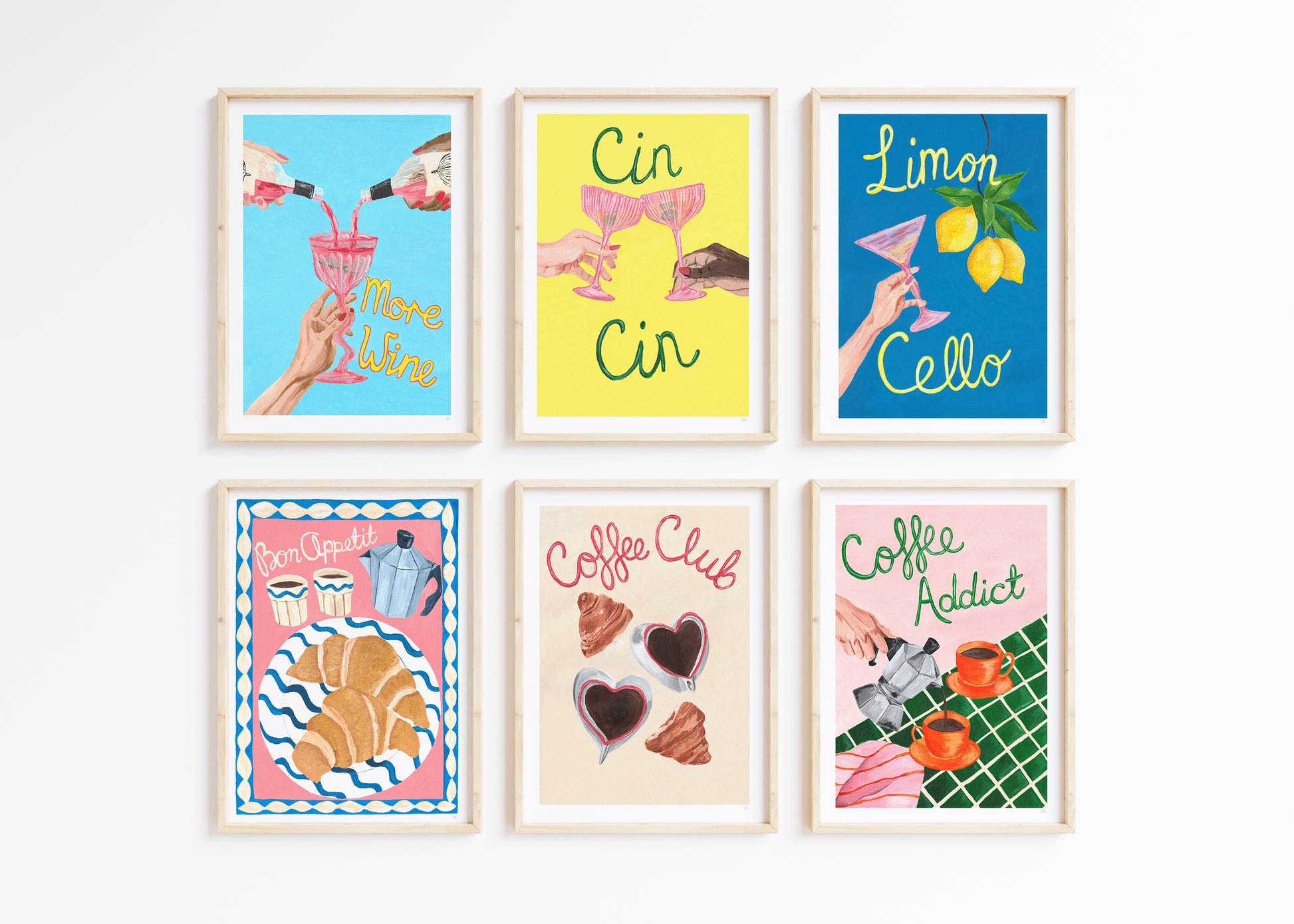 Set of six colorful coffee and cocktail illustration framed prints with various designs on a white background