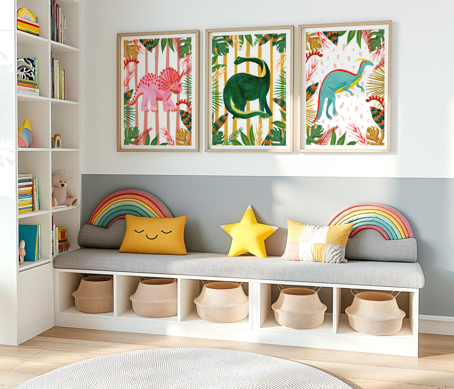 Children's room with colorful dinosaur wall art, a bench with decorative pillows, and storage baskets.