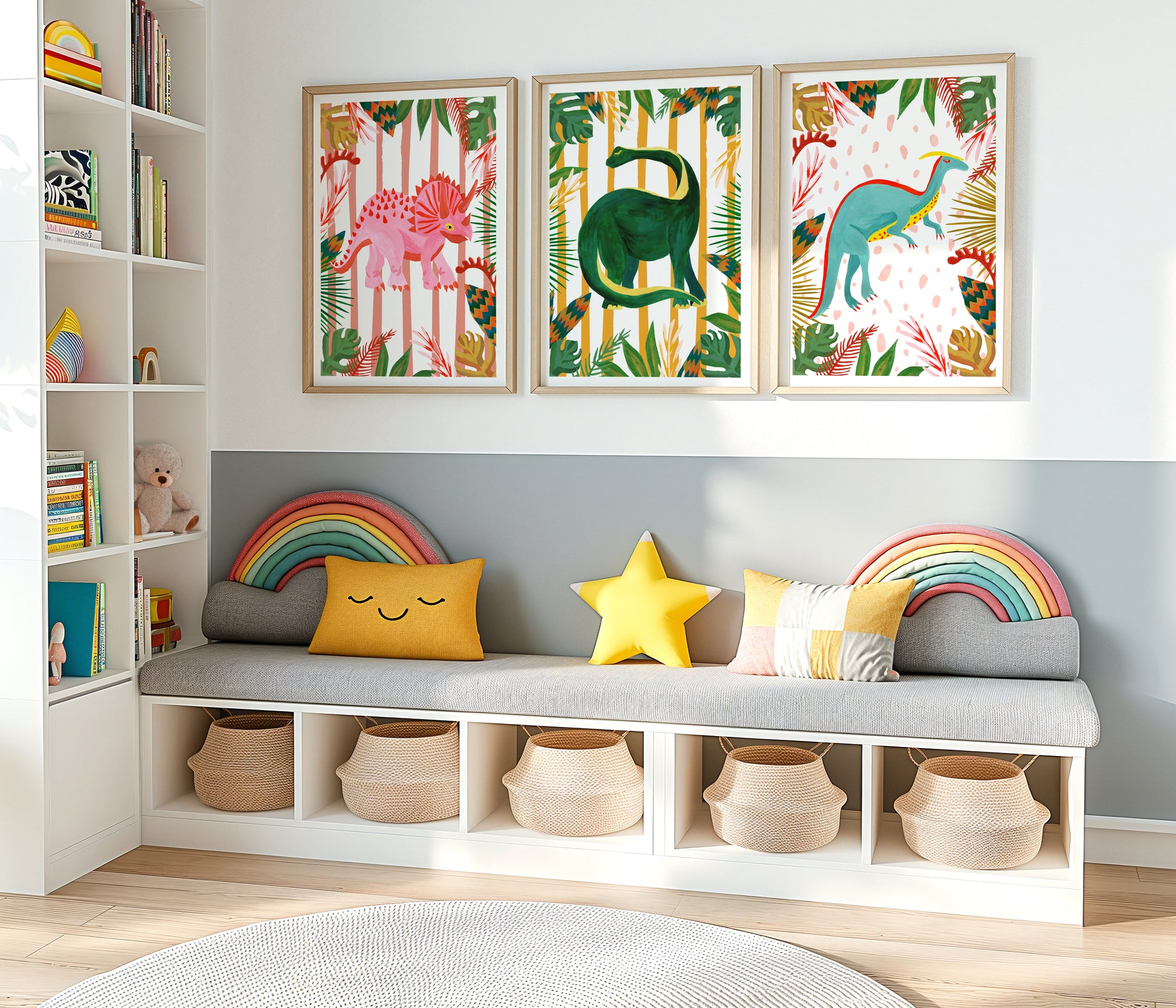 Children's room with colorful dinosaur wall art, a bench with decorative pillows, and storage baskets.
