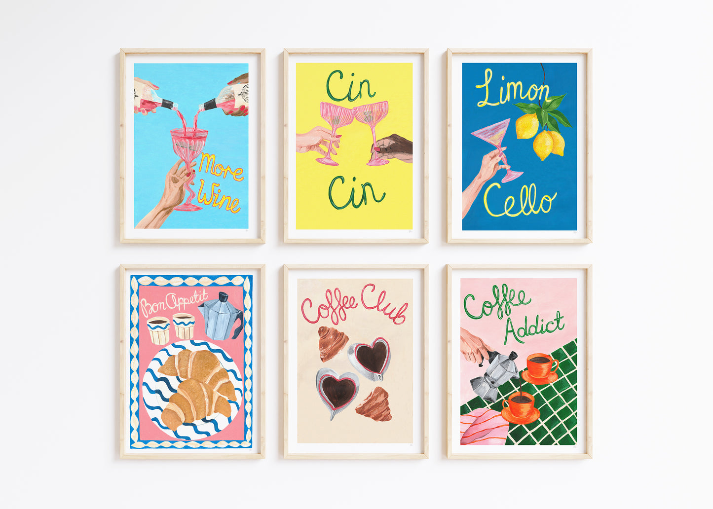 6 framed artworks in vibrant pinks, blue yellows and green colours displaying hand painted wine, cocktail, coffee and breakfast elements combines with hand painted typography