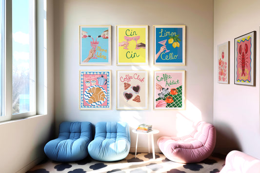 Colorful bean bags and wall art in a room with a window.