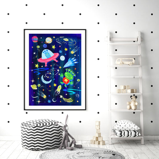 Colorful space-themed wall art in a child's room with a white shelf and toys.