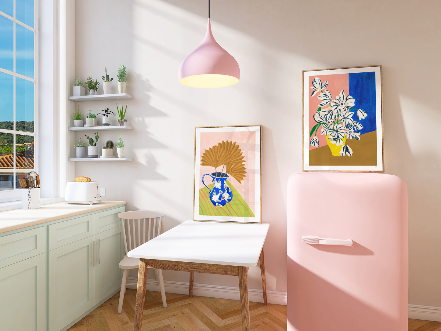Modern home office with a desk, chairs, and colorful artwork on the wall.