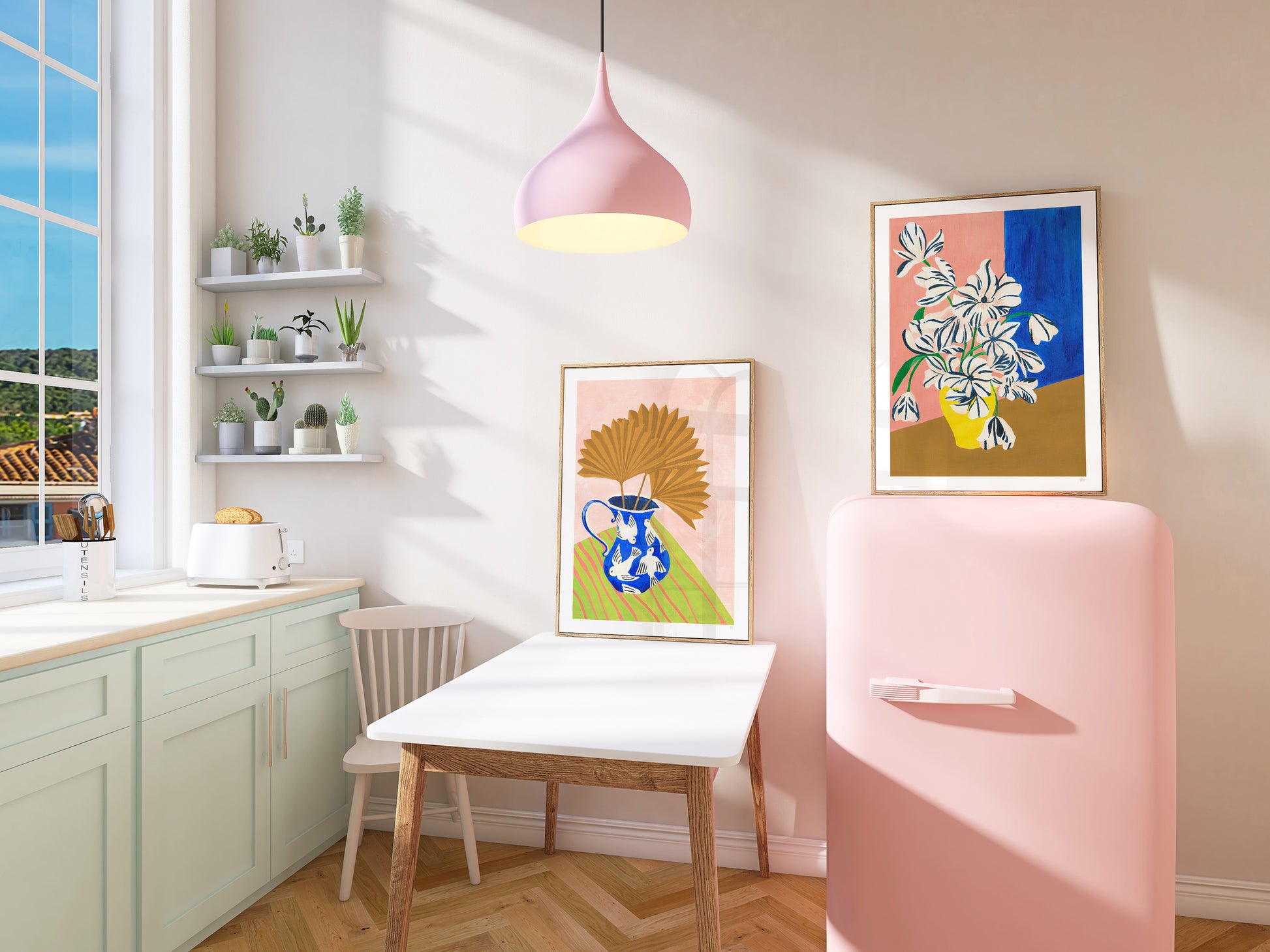 Modern home office with a desk, chairs, and colorful artwork on the wall.