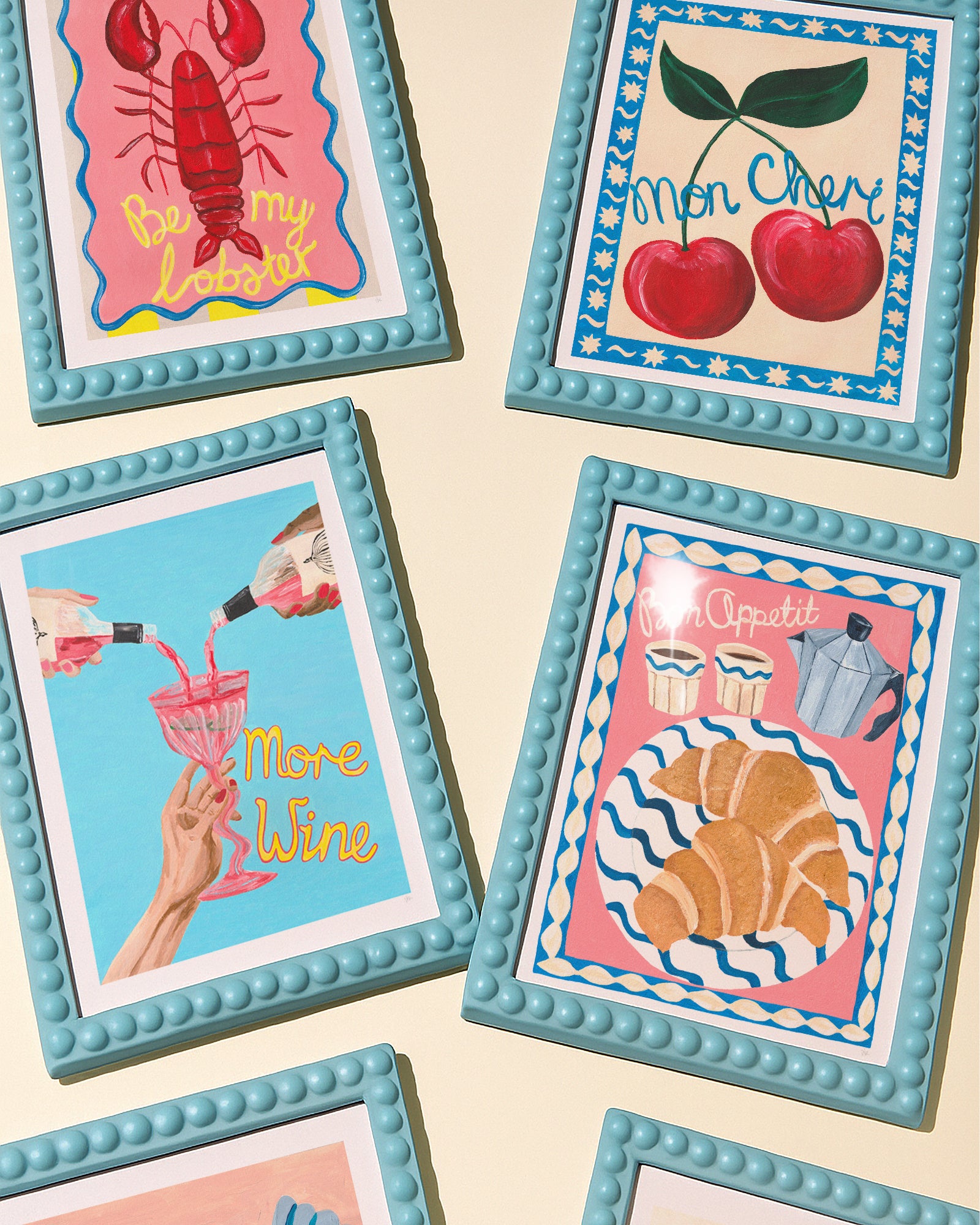 Set of colorful framed artworks with various illustrations on a light background