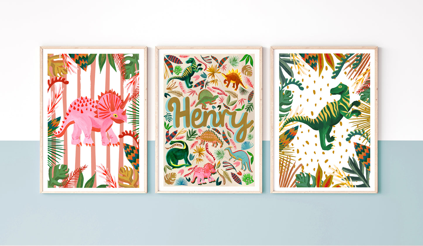 Three colorful dinosaur-themed prints on a light blue background