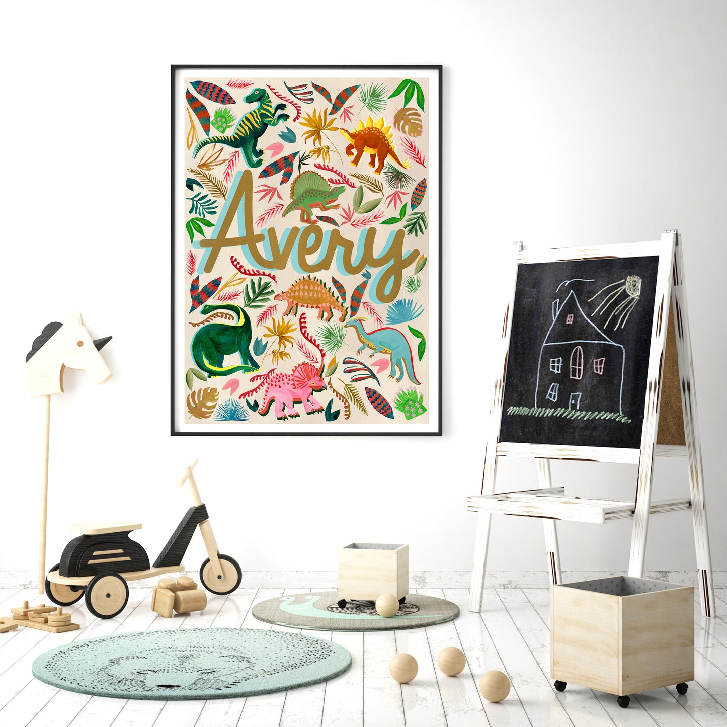 Children's room with a colorful dinosaur-themed poster, toy car, and chalkboard easel.