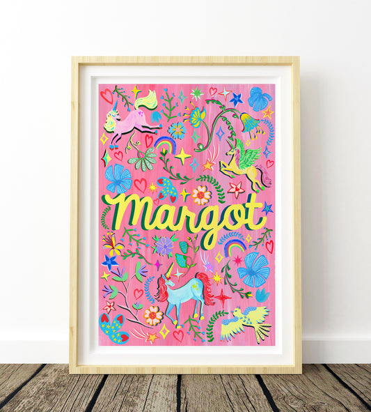 Colorful children's poster with 'Margot' on a pink background, framed in wooden frame.