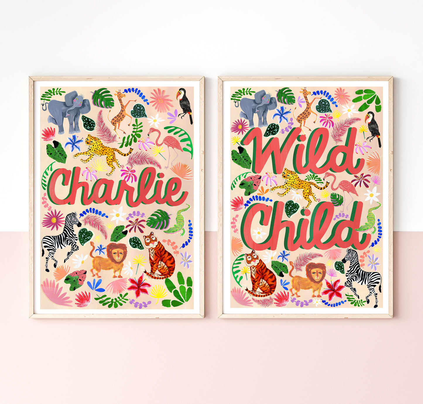 Two framed illustrations with animal designs and text on a white background