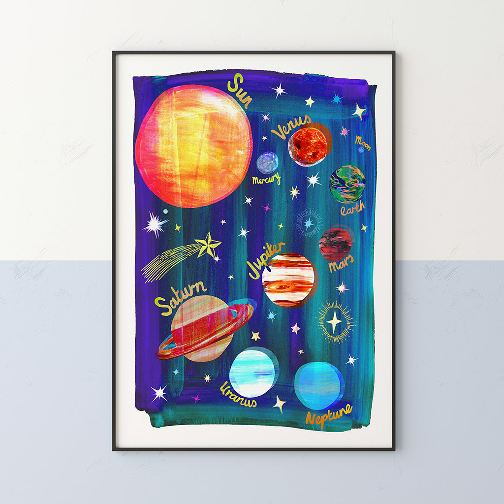 Framed artwork of colorful planets and stars on a blue background