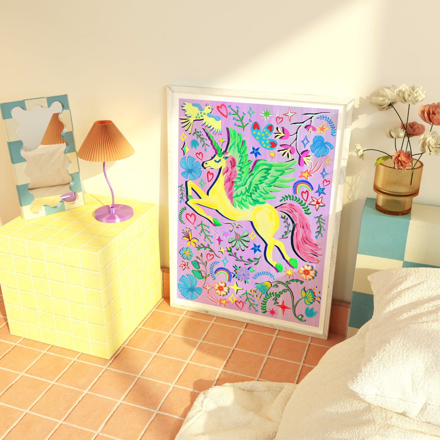 A colourful hand painted unicorn framed print surround by flower and rainbow illustrations in a modern bedroom with colourful decor
