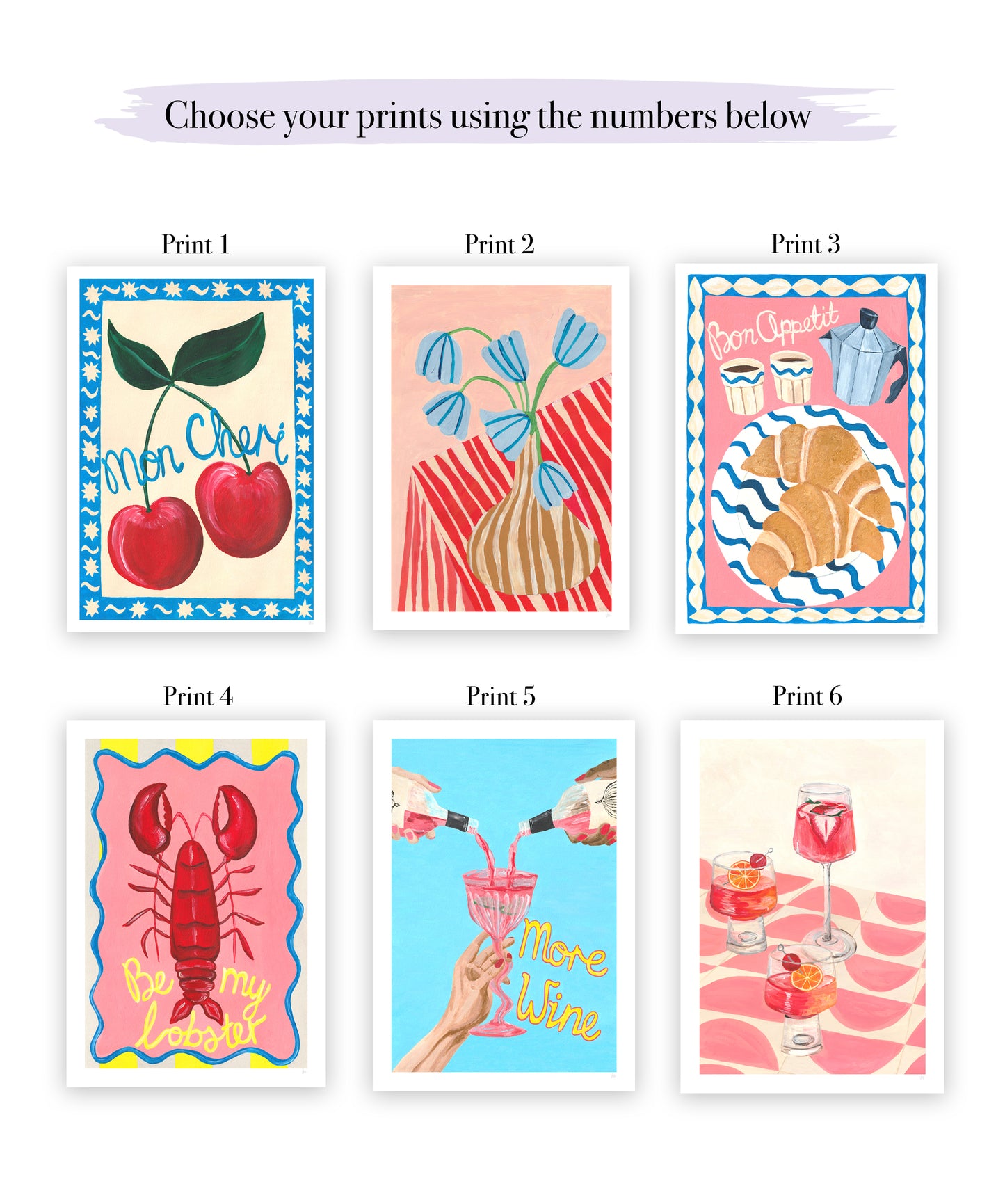 Six colorful prints with different designs on a white background