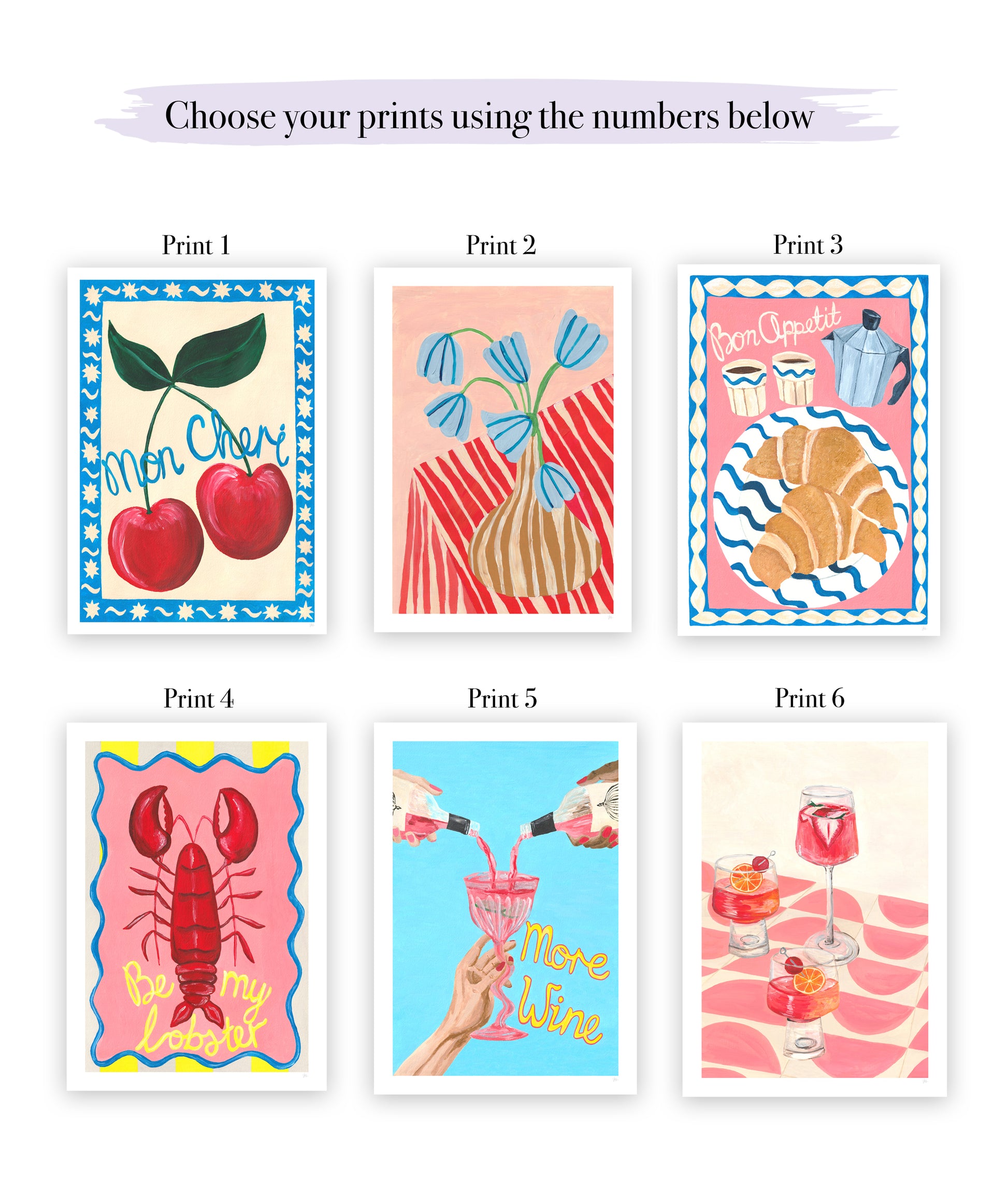 Six colorful prints with different designs on a white background