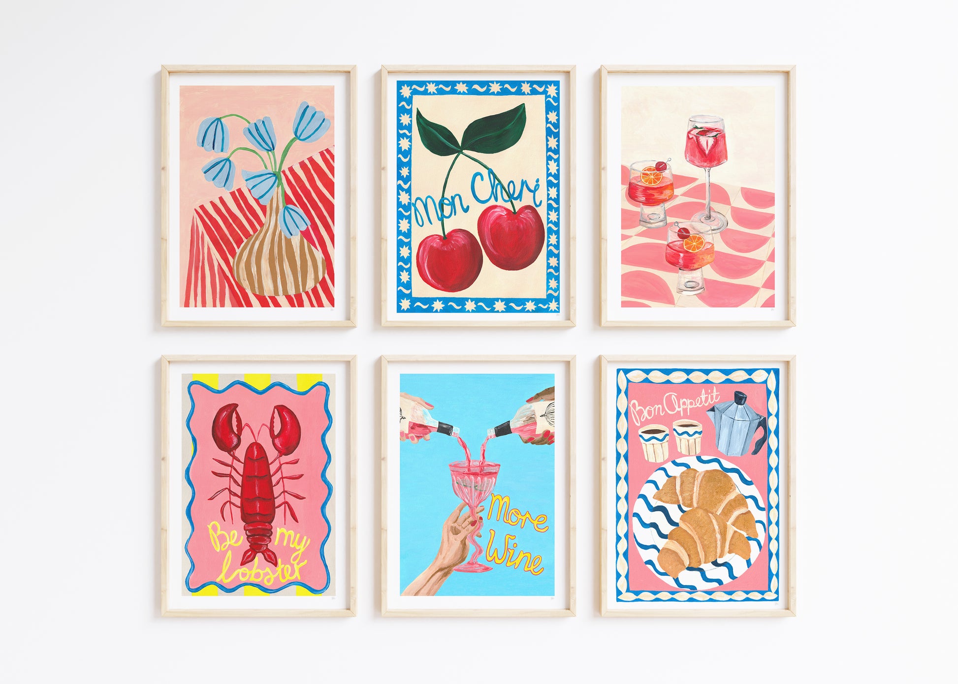 Set of six colorful framed artworks on a white wall