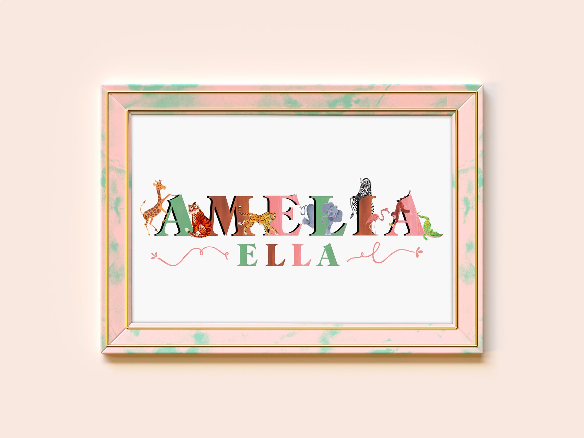 Framed artwork with colorful letters spelling 'Amelia Ella' surround by safari animal illlustrations on awhitebackground
