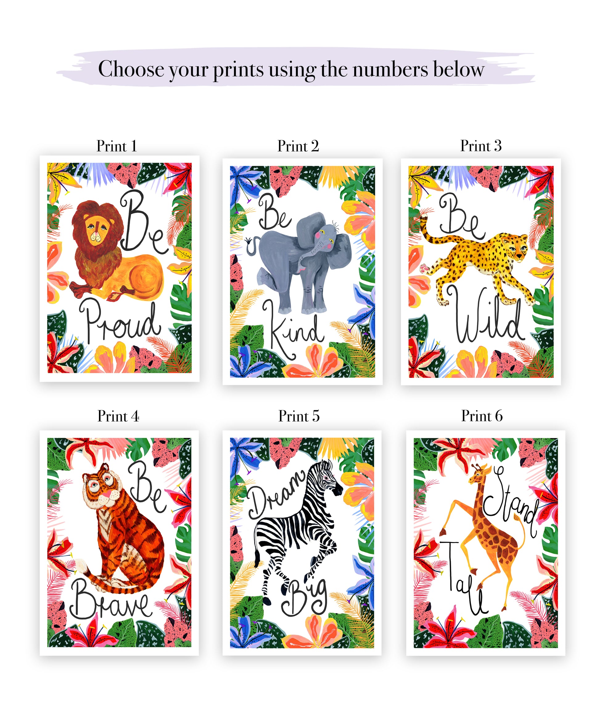 Set of six animal-themed prints with motivational phrases on a white background.