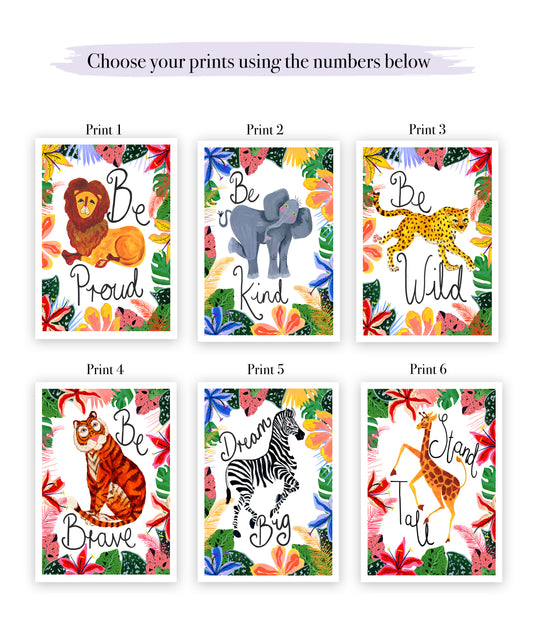Set of six animal-themed prints with motivational phrases on a white background.