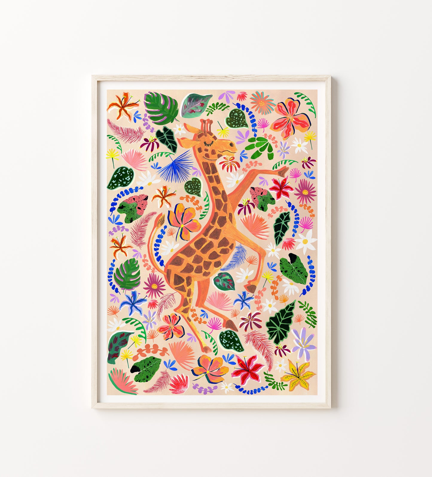 Framed artwork of a giraffe among colorful flowers and leaves on a white background