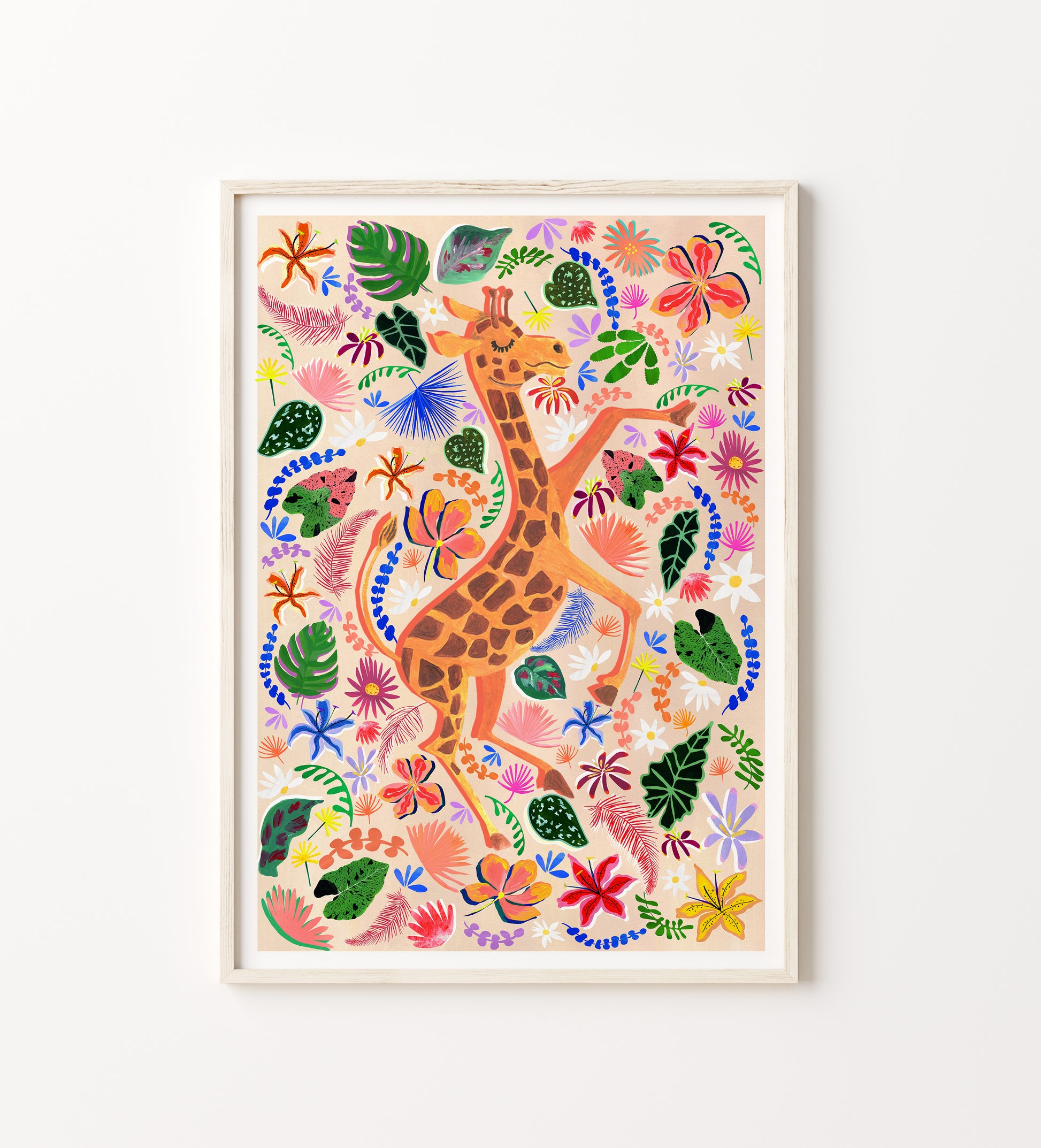 Framed artwork of a giraffe among colorful flowers and leaves on a white background