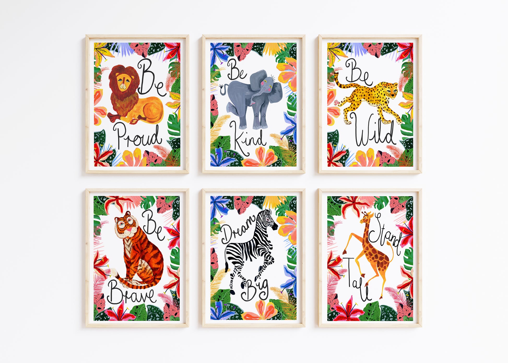 Set of six framed animal-themed prints with motivational phrases on a white background.