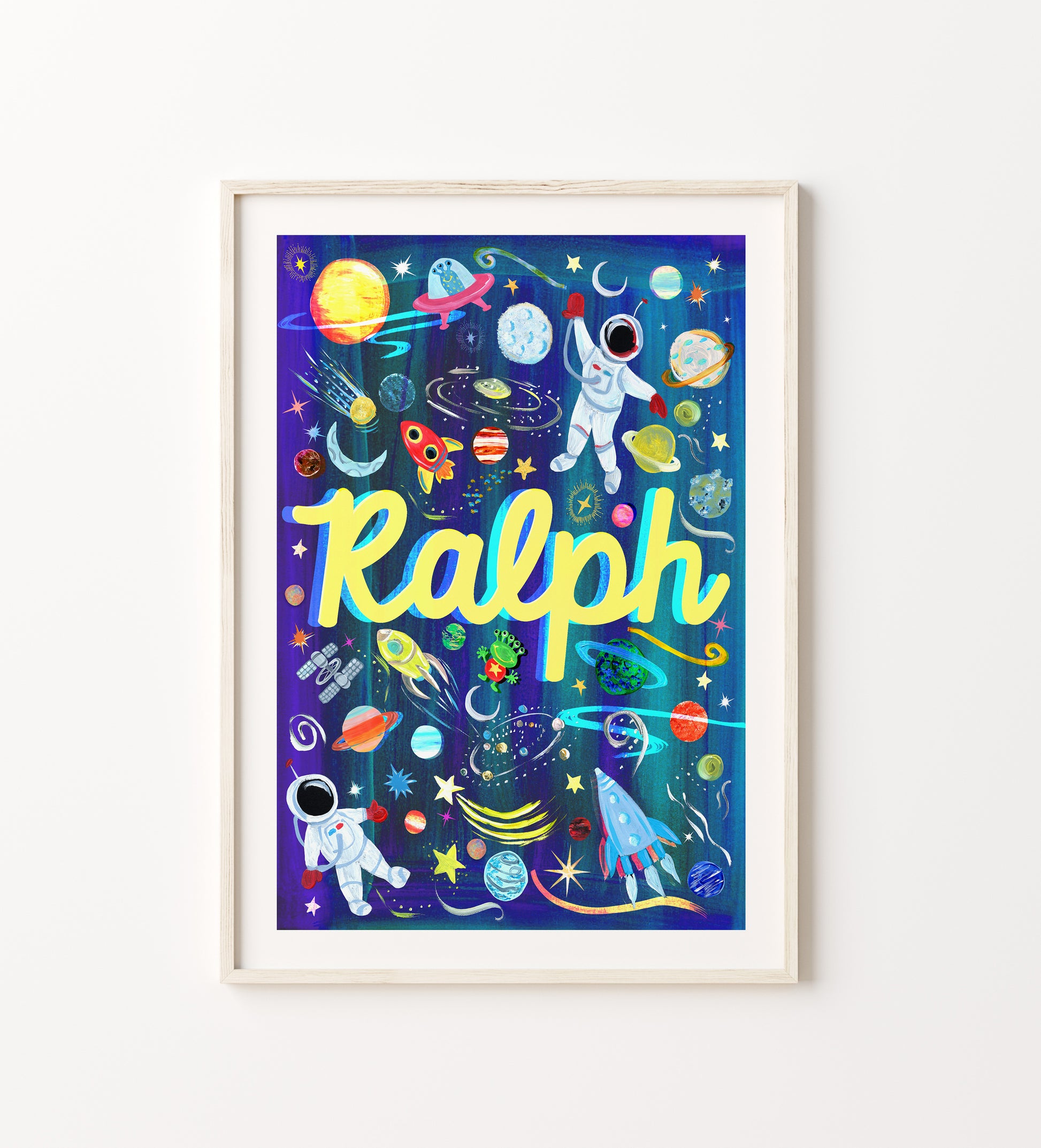 Framed children's poster with space-themed design and the name 'Ralph'.