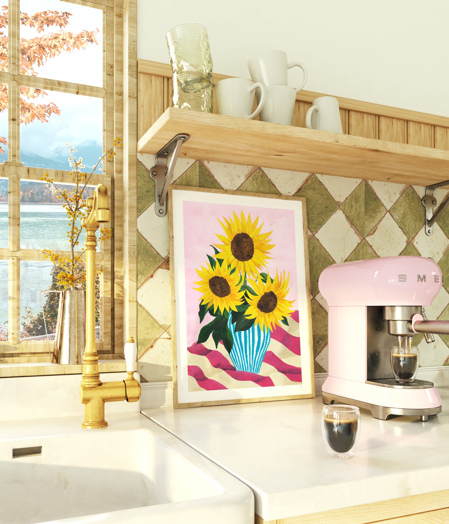 Kitchen counter with a pink Smeg mixer, sunflower print, and window view.