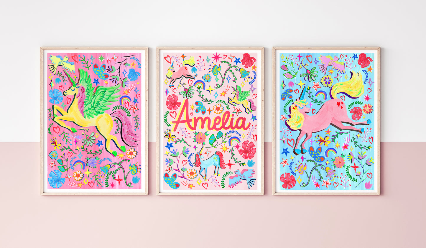 Three colorful children's posters with unicorns and floral designs on a pink background.