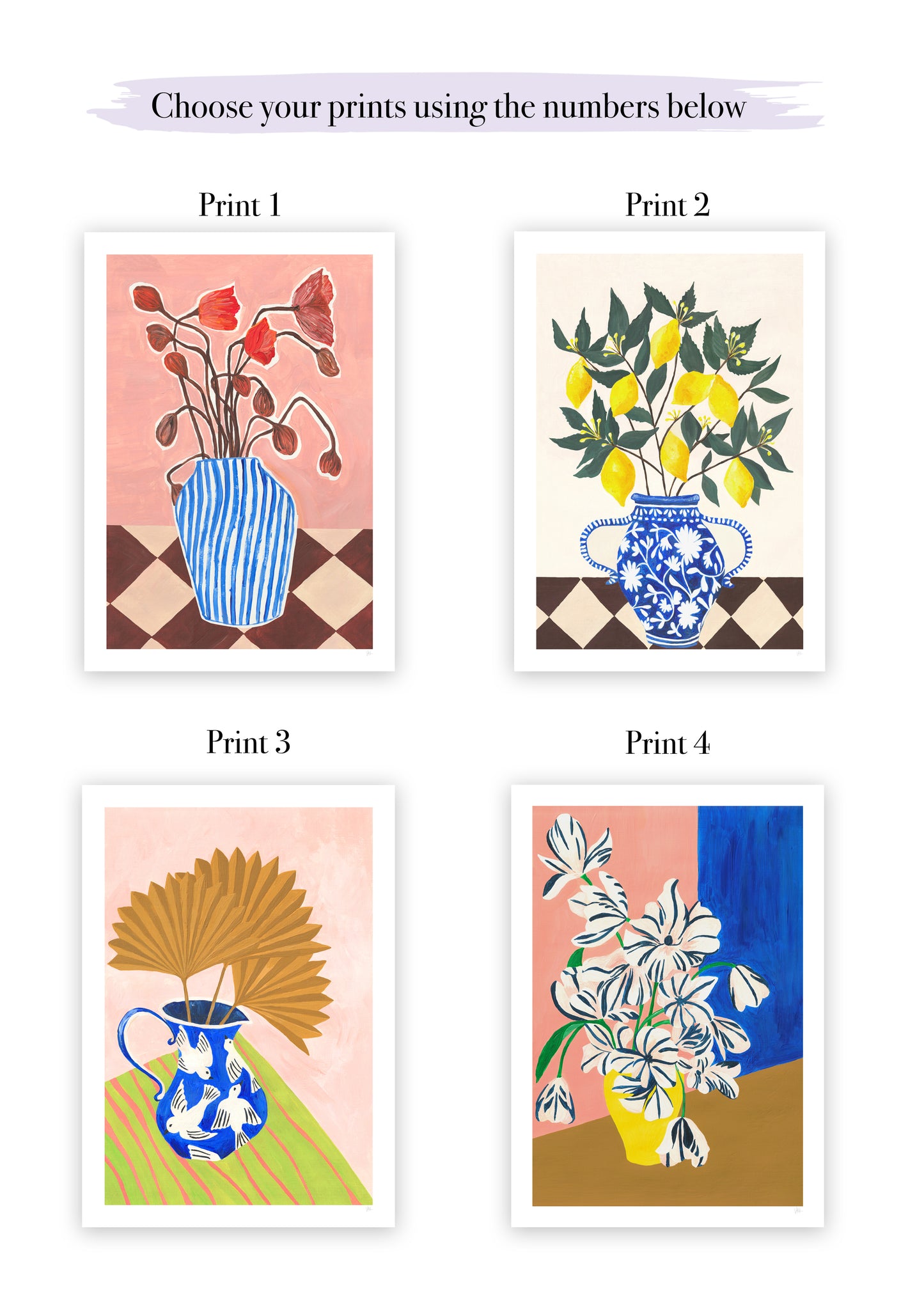 Four floral prints with vases on a white background
