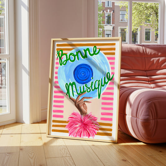 Colorful abstract painting with 'Bonne Musique' text in a modern living room.