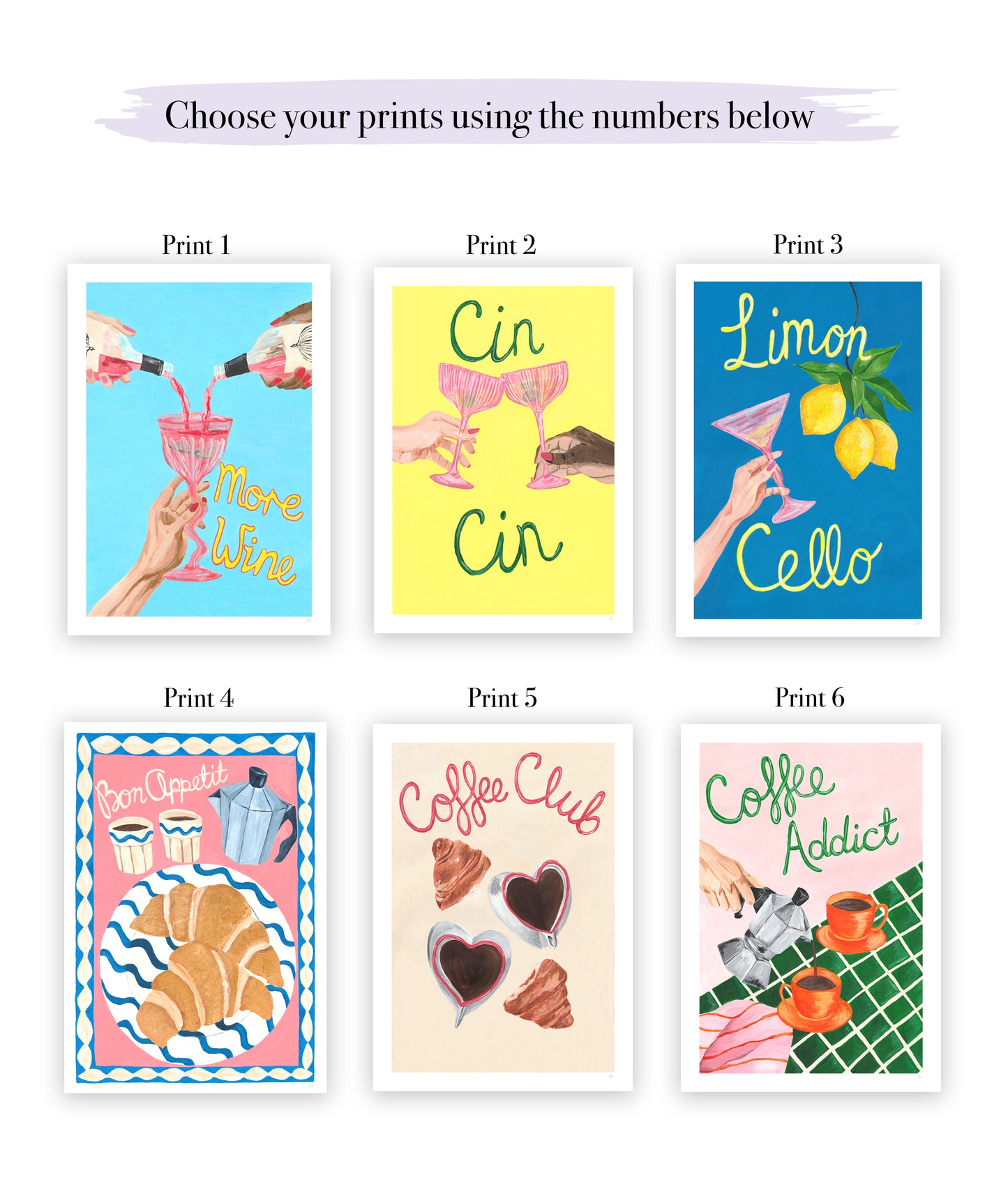 A set of colourful breakfast and cocktail prints with names above