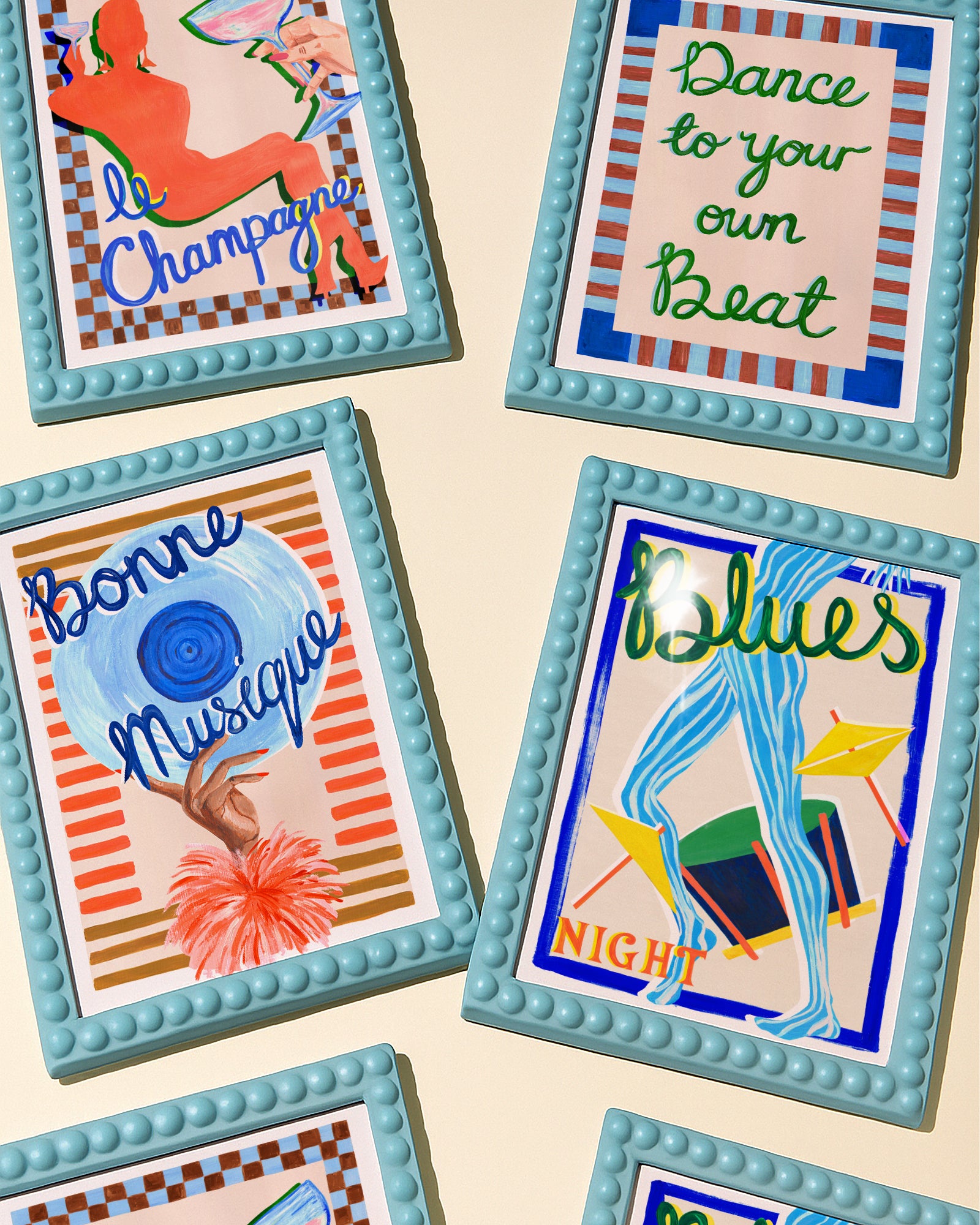 Set of colorful coasters with artistic designs and text on a beige background