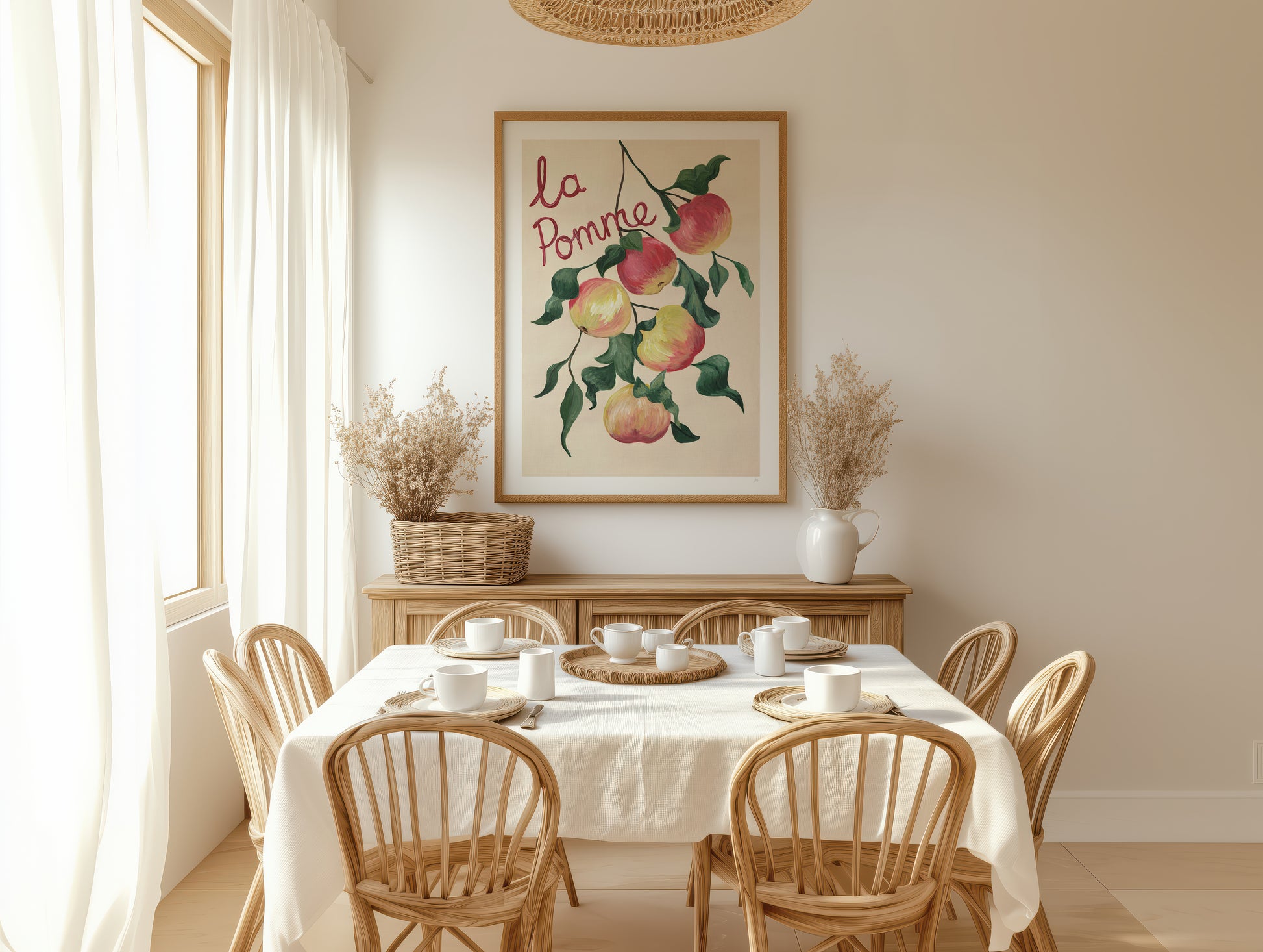 Dining room with a table set for four, wicker chairs, and a framed artwork on the wall.