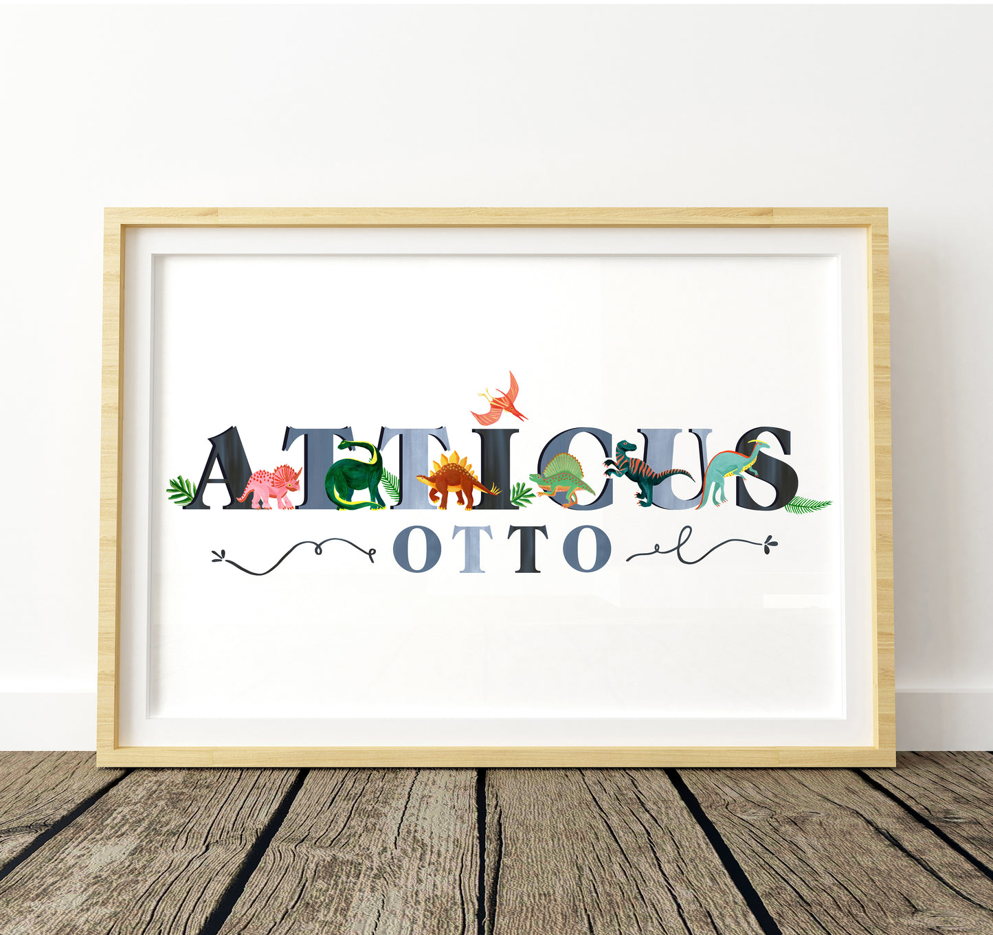 Framed artwork with colorful dinosaur illustrations and text on a white background