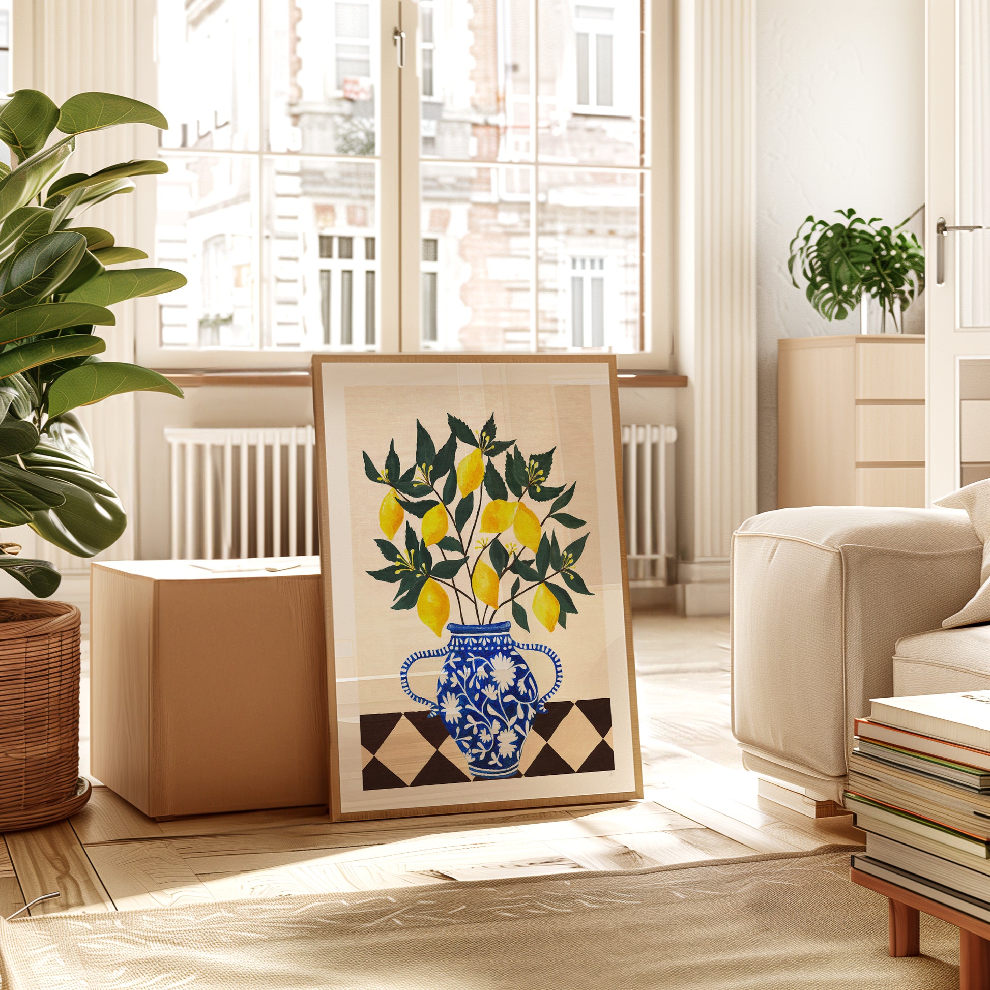 Decorative painting of lemons in a vase on a stand in a bright living room.