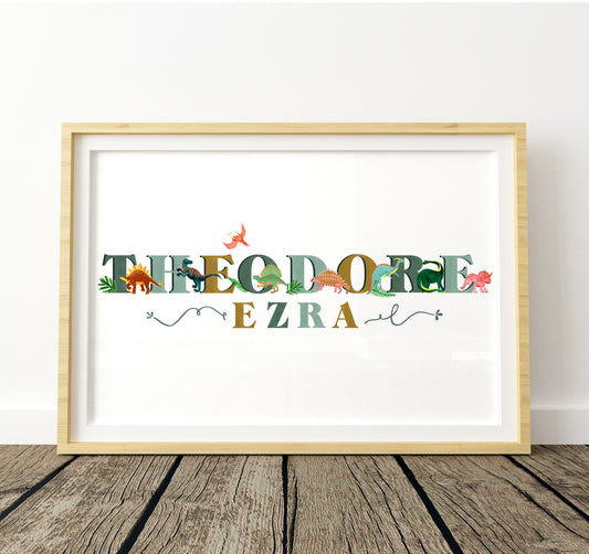 Framed artwork with colorful text and dinosaur illustrations on a white background