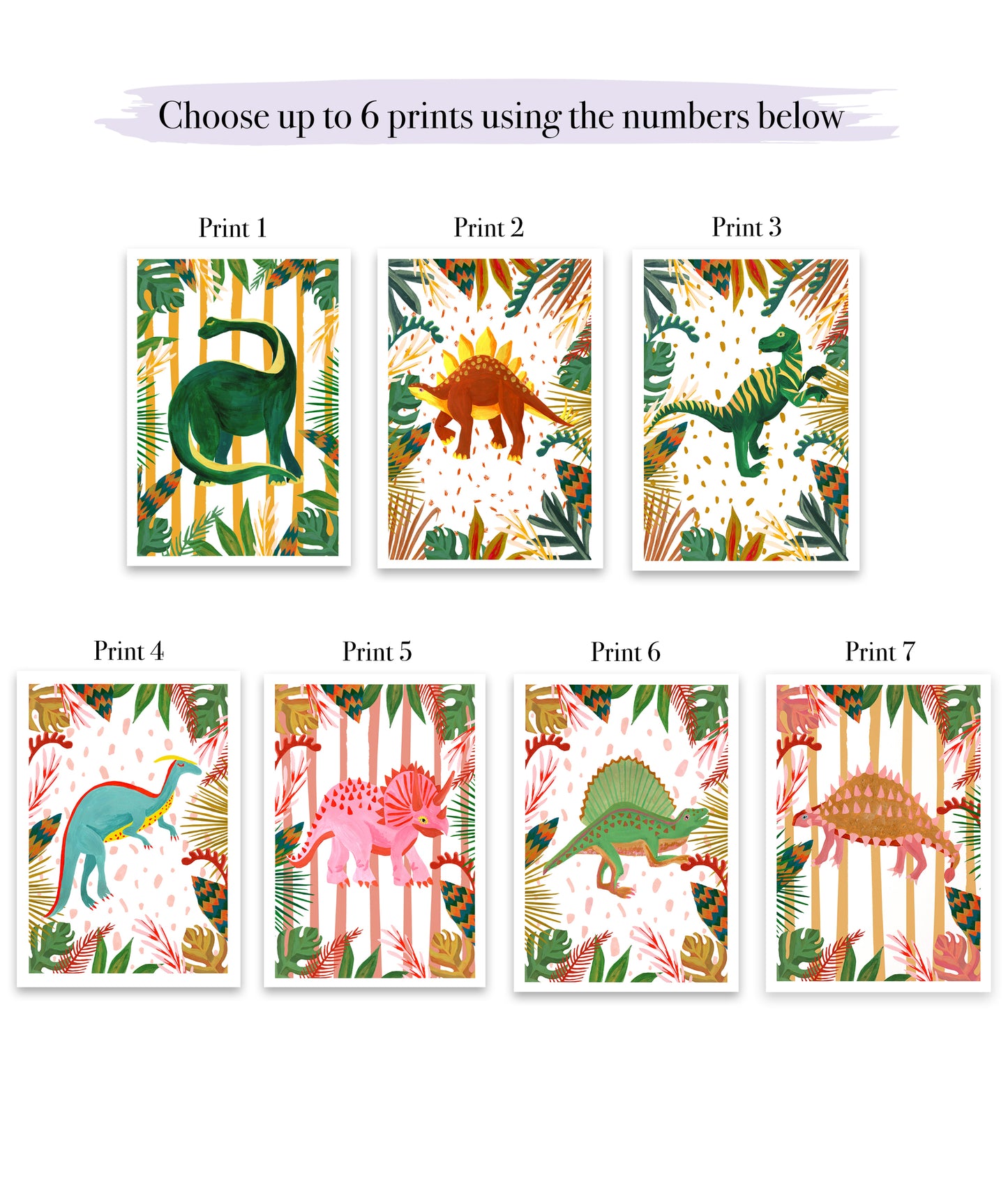 Set of seven dinosaur prints with colorful designs on a white background