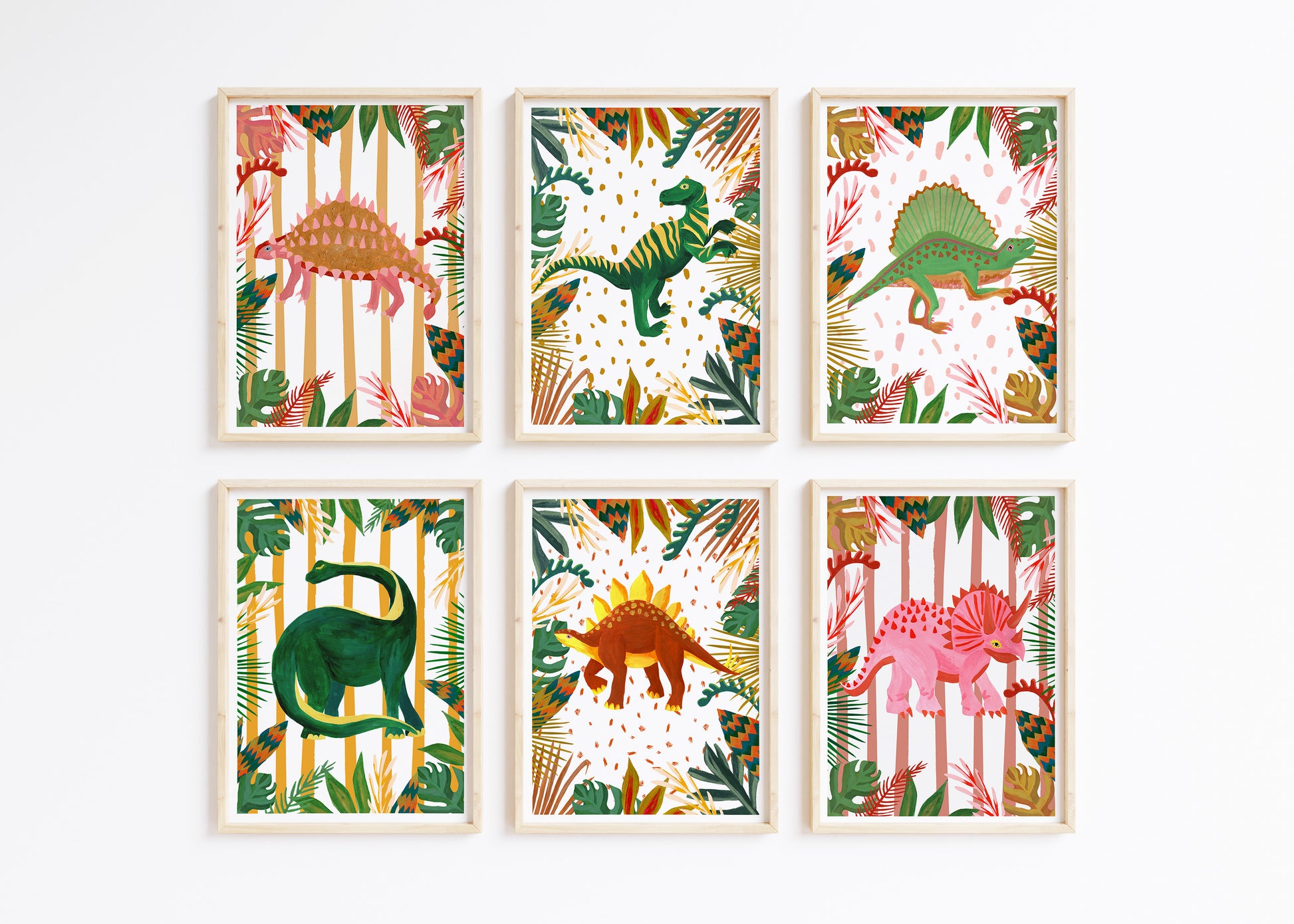 Set of six colorful dinosaur illustrations in wooden frames on a white background