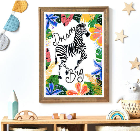 Framed artwork with a zebra and floral design on a wall above a shelf.