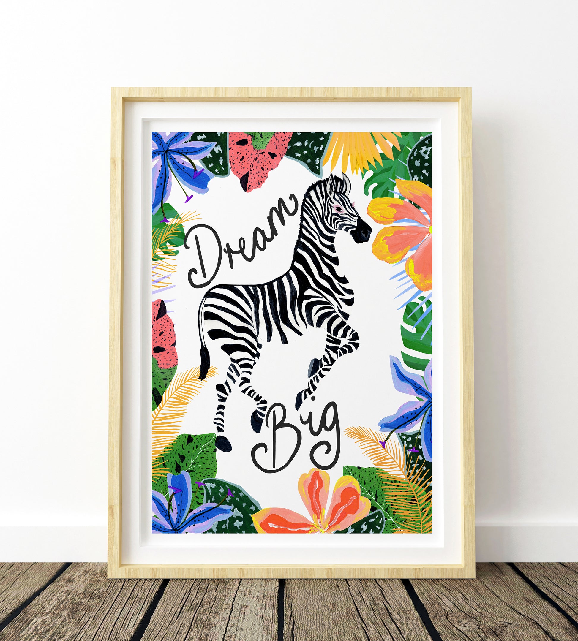 Framed artwork with a zebra and floral design on a white background